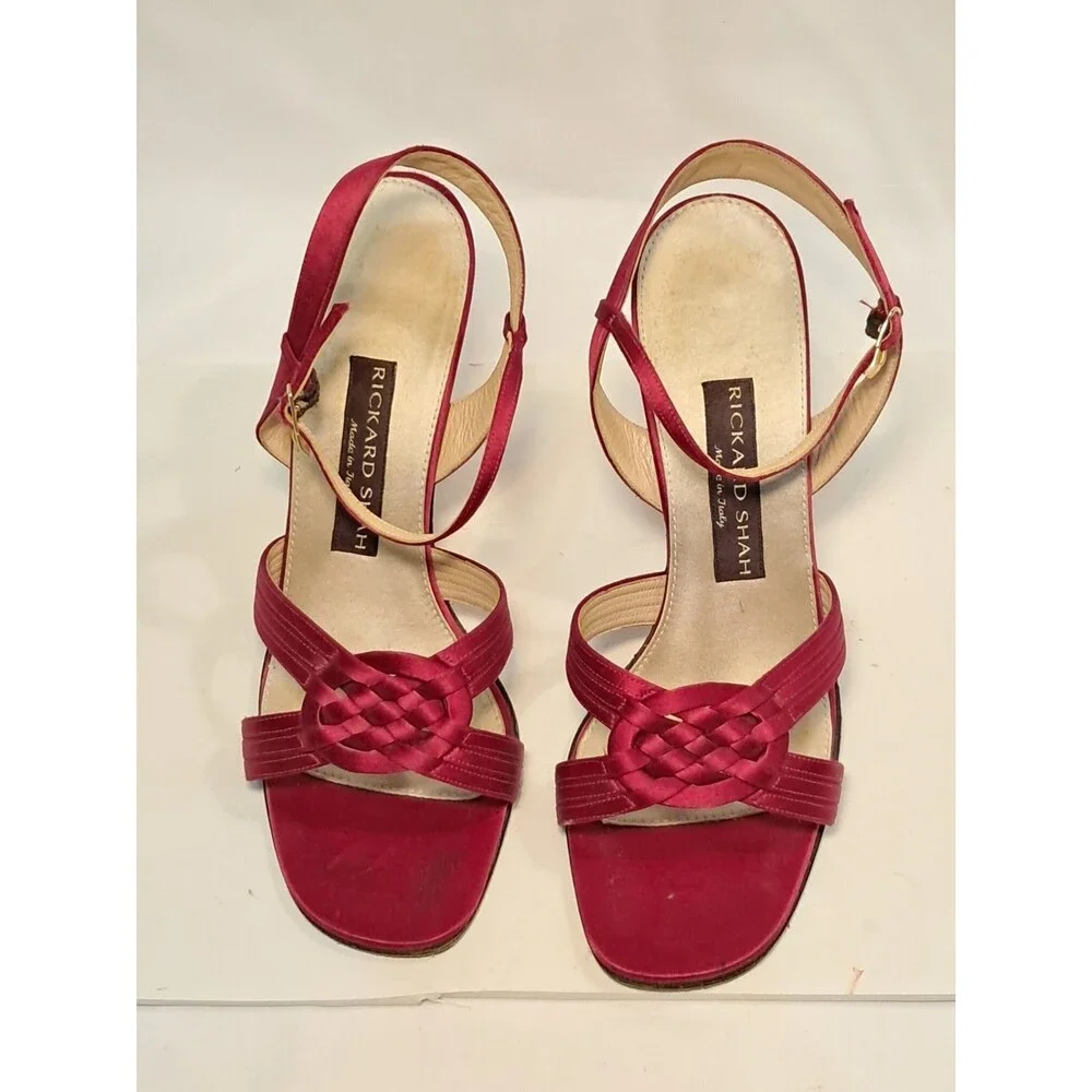 Rickard Shah Size 40 EU/9 US Open-Toe Satin Heels Sandals Red 4